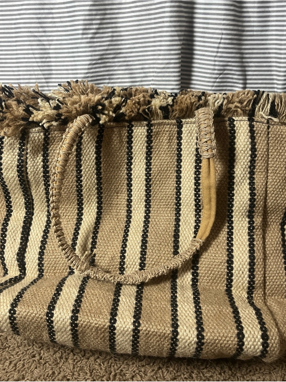 Woven Tan and Black Stripe Beach Tote
